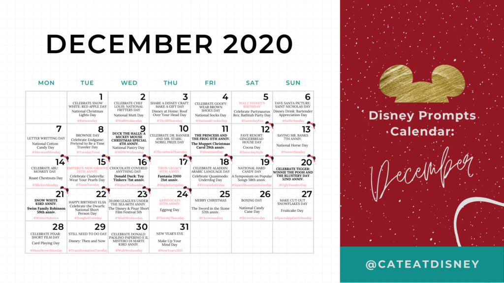 Disney Prompts Calendar December 2020 Cate at Disney